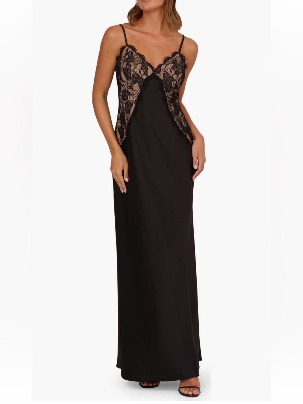Adrianna Papell Black Lace-Trim Satin Slip Gown Size 10